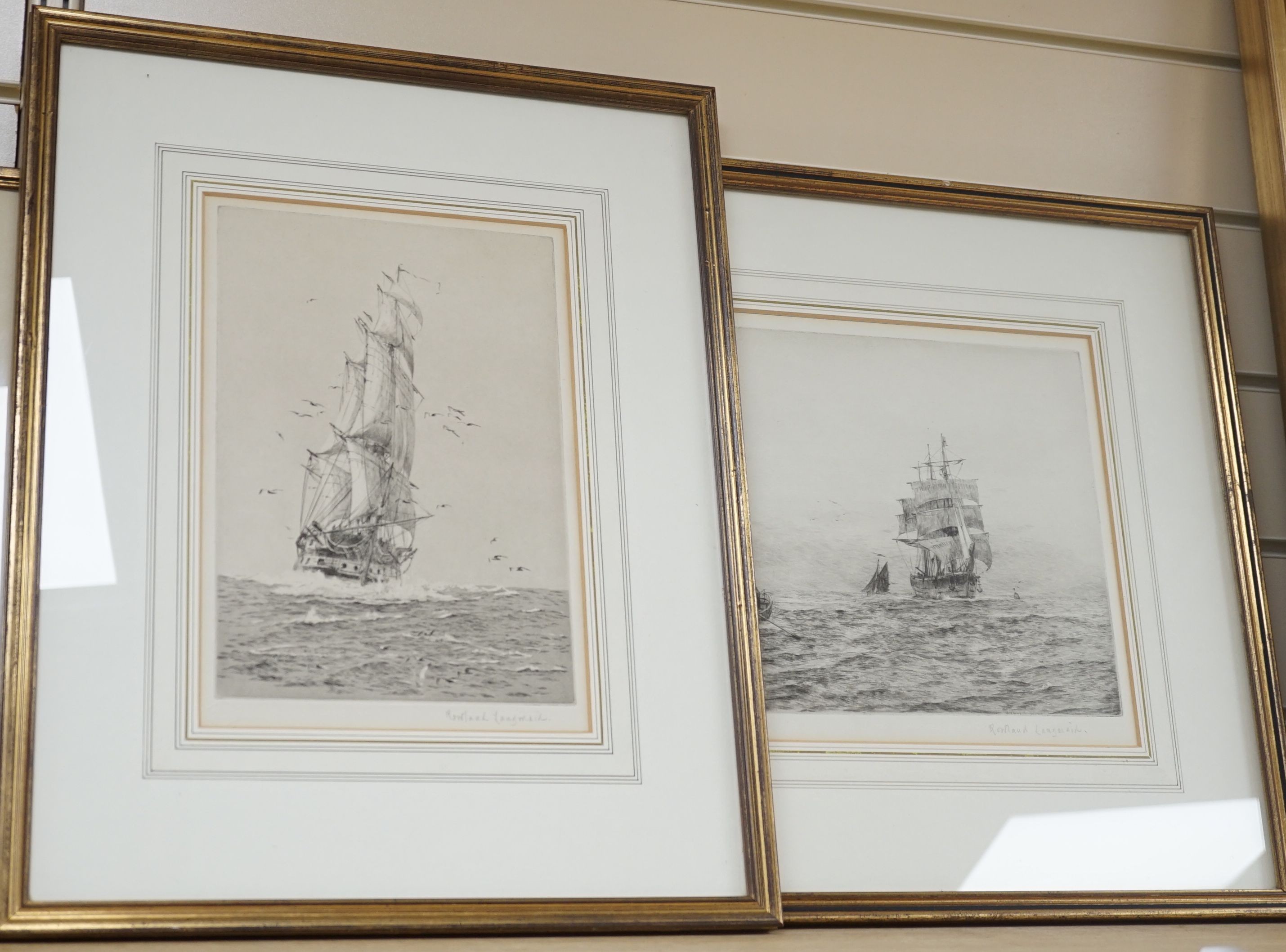 Rowland Langmaid (1897-1956) Two etchings with aquatint, Shipping scenes, 25 x 17 cm and 21 x 32.5 cm